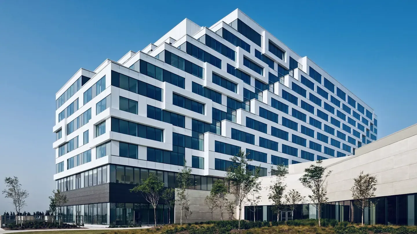 City resort exterior in evening light